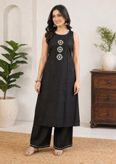 Black Muslin Real Mirror Work A Line Kurta Set with Designer Dupatta (Sleeves Included)