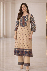 Elegant Beige Cotton Kurta Set with Handworked Yoke & Printed Dupatta