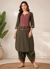Army Green Embroidered Cotton Dhoti Kurta Set