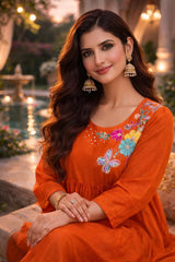 Premium Orange Mal Chanderi Co-Ord Set with Handwork & Embroidery