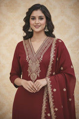 Unstitched Rose Red Embroidered Velvet Suit Set