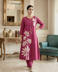 Elegant Magenta Cotton A-Line Kurta Set with Aari Embroidery & Dupatta