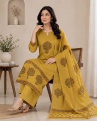 Mustard Yellow Printed Cotton Kurta Set with Dupatta
