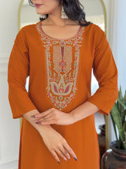 Rust Orange Rayon Kurta Set with Embroidered Yoke & Printed Dupatta
