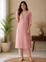 Dusty Rose Mul Chanderi Embroidered Kurta Set with Dupatta