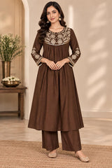 Graceful Chocolate Brown Mul Chanderi Embroidered Anarkali Suit Set