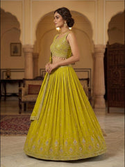 Lime Green Silk Blend Embroidered Lehenga Set with Dupatta (Sleeves Included)