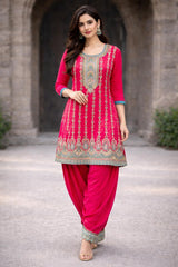 Beautiful Rani Pink & Teal Embroidered Kurta Set with Dupatta