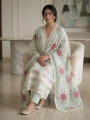 Elegant Mint Green Cotton Kurta Set with Floral Dupatta