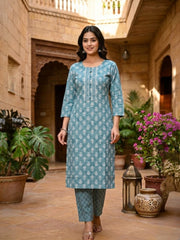 Elegant Teal Printed Cotton Kurta Set with Dupatta