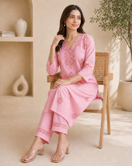 Blush Pink Chikankari Rayon Kurta Set (Without Dupatta)