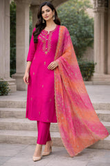 Rani Radiance Embroidered Suit Set with Contrast Orange Embroidred Dupatta