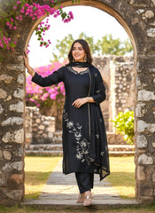 Black Rayon Slub Kurta Set with Floral Embroidery & Dupatta