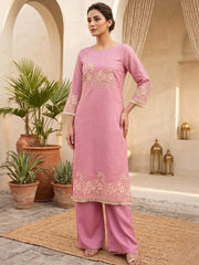Elegant Blush Pink Linen Kurta Set with Floral Embroidery & Dupatta
