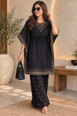 Elegant Black Chinon Embellished Kaftan Set with Flared Pants