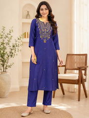 Royal Blue Dola Silk Embroidered Kurta Set with Dupatta