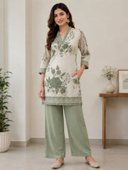 Sage Green Cotton Co-ord Set with embroidery