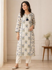 Elegant White & Blue Cotton Kota Doria Style Kurta Set with Dupatta