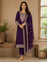 Royal Purple Vichitra Silk Kurta Set with Embroidered Dupatta & Potli Bag