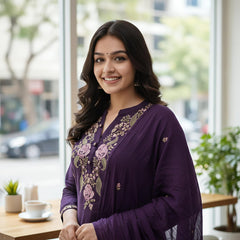 Purple Rayon Slub Kurta Set with Floral Embroidery & Dupatta