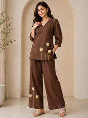 Elegant Chocolate Brown Ghicha Cotton Appliqué Co-ord Set
