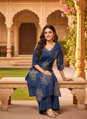 Midnight Blue Printed Cotton Blend Kurta Set
