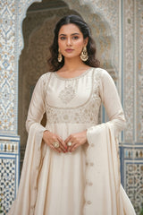 Ivory Vichitra Silk Anarkali Kurta Set with Elegant Embroidery & Dupatta