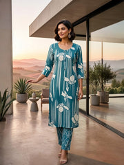 Elegant Blue Printed Cotton Kurta Set with Dupatta