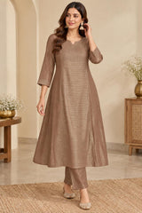 Stunning Mocha Roman Shimmer A-Line Kurta Set with Dupatta