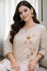 Elegant Cotton Handblock Printed Kurta Set with Patchwork & Pocket