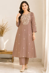 Elegant Mocha Taupe A Line Mul Chanderi Embroidered Kurta Set with Dupatta