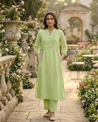 Pastel Green Mul Cotton Kurta Set with Embroidered Pockets