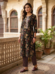Elegant Black Floral Printed Viscose Rayon Kurta Set with Dupatta