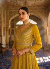 Mustard Yellow Embroidered Chinon Anarkali Suit Set