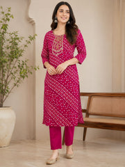 Beautiful Rani Pink Bandhani Print Rayon Kurta Set with Embroidered Neckline & Dupatta