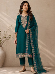 Teal Green Vichitra Silk Kurta Set with Golden Jari, Cutdana & Beads Embroidery