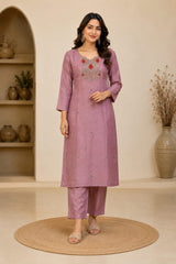 Elegant Mauve Shimmer Embroidered Kurta Set with Dupatta