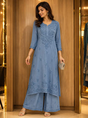 Powder Blue Handwork Chikankari Kurta Set with Chiffon Dupatta