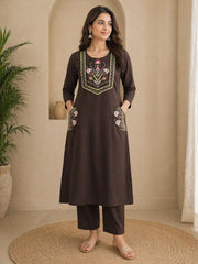 Brown Embroidered Dabu Cotton A Line Kurta Set with Embroidered Side Pockets