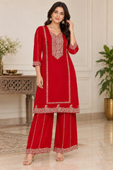 Elegant Red Embroidered Kurta Sharara Set with Dupatta in premium Chinon Fabric