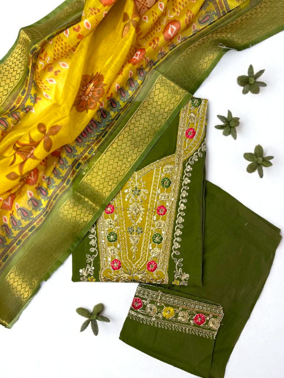 Rust Orange and Green Embroidered Suit Set with Printed Dupatta