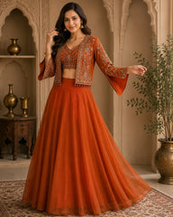 Rust Orange Embroidered Jacket Lehenga Set