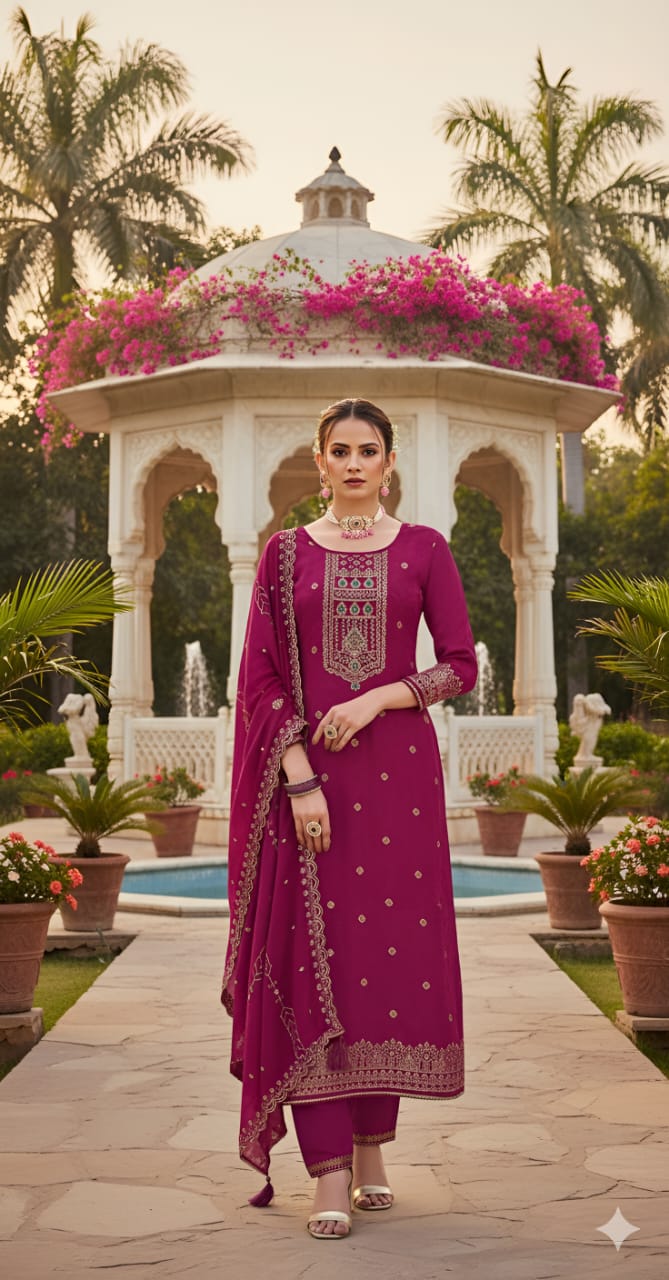 Pure Dola Russian Jacqard with Khatli Handwork Suit Set and Chanderi Silk Heavy Dupatta