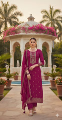 Pure Dola Russian Jacqard with Khatli Handwork Suit Set and Heavy Dupatta-Majenta