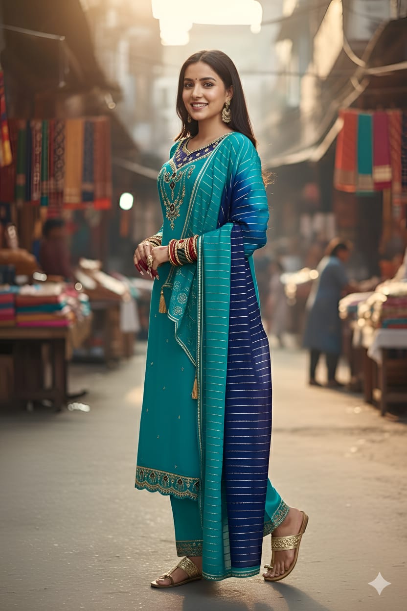 Heavily Embroidered Silk Suit Set with Dupatta
