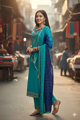 Heavily Embroidered Silk Suit Set with Dupatta-Blue