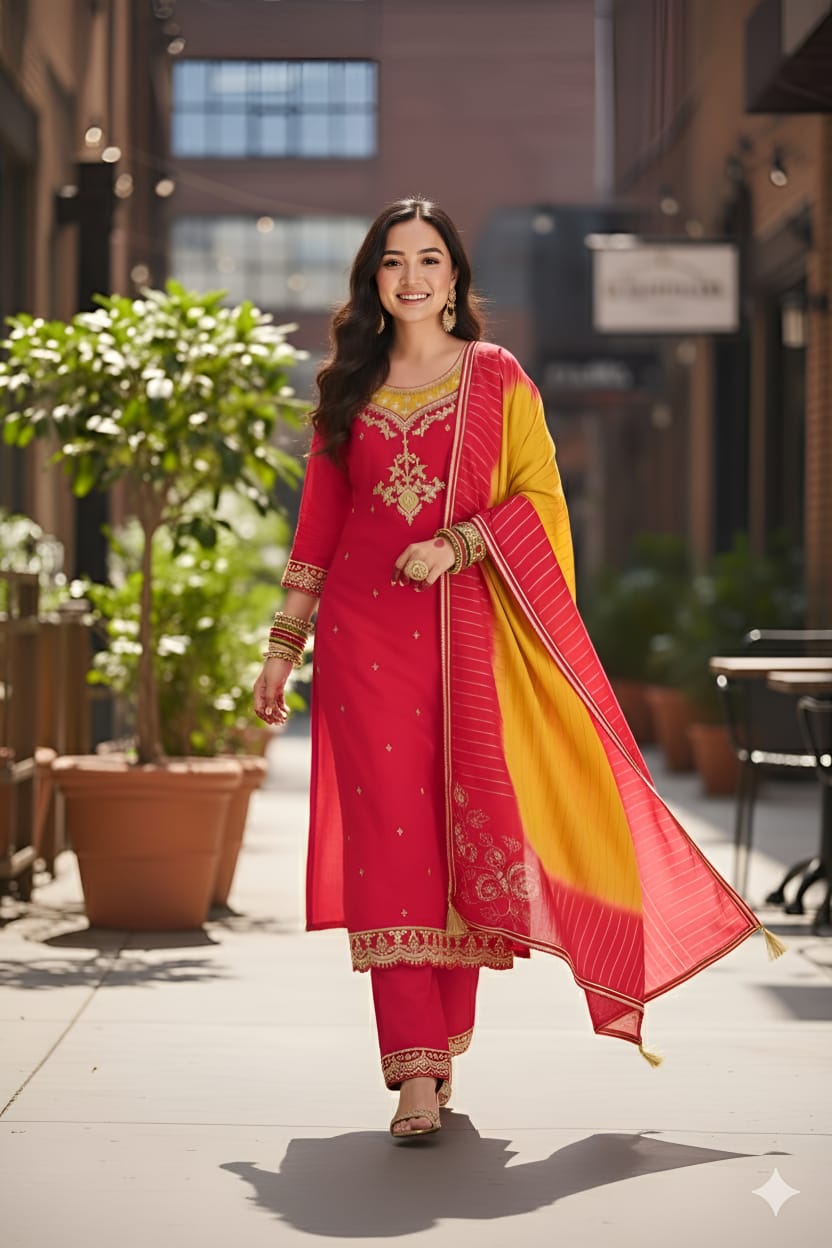 Heavily Embroidered Silk Suit Set with Dupatta-Pink