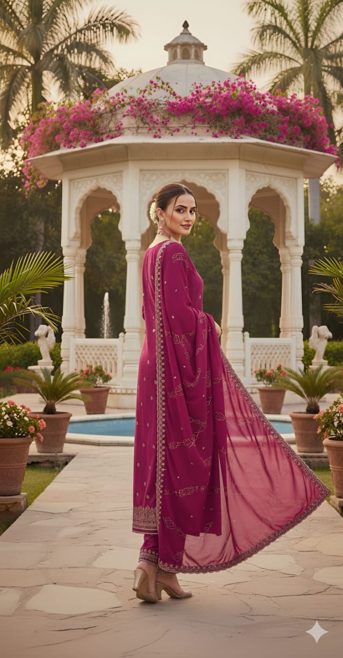 Pure Dola Russian Jacqard with Khatli Handwork Suit Set and Chanderi Silk Heavy Dupatta