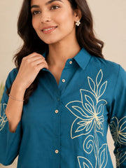 Stylish Teal Blue Cotton Embroidered Co-ord Set