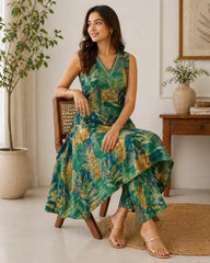 Emerald Green Printed Cotton A-Line Kurta Set (Sleeves Included)